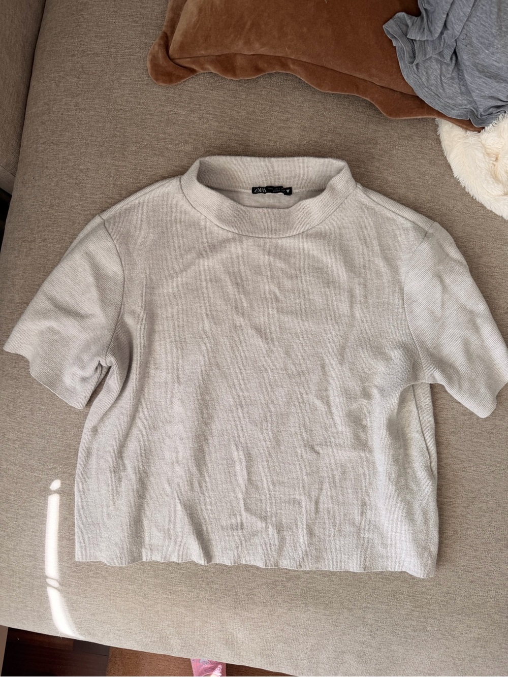 Zara Short Sleeve Boxy Crewneck Top - Light Gray